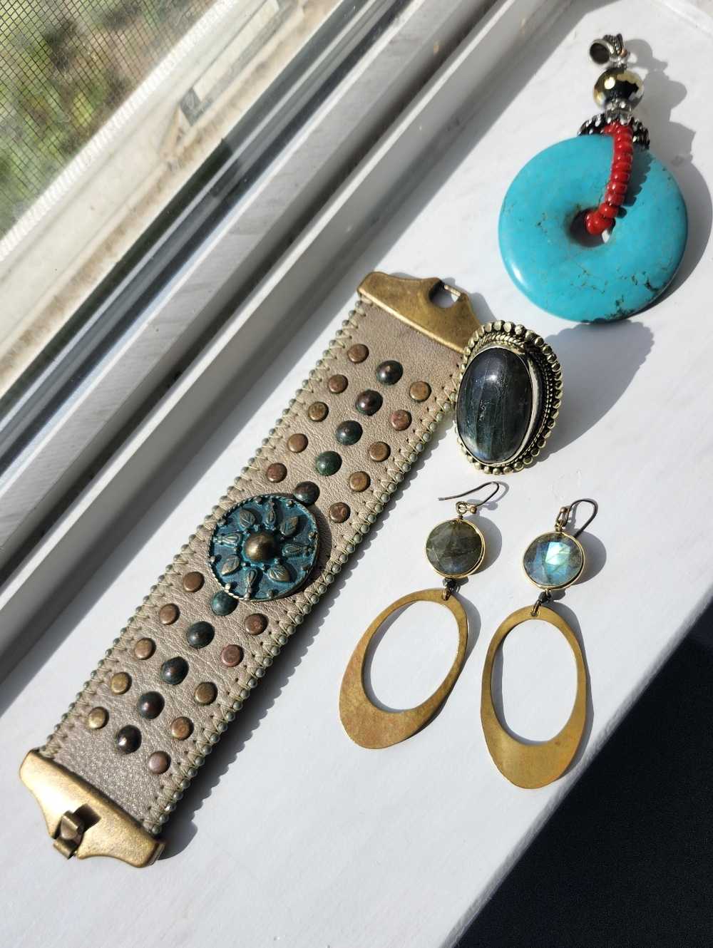 Boho Studded Leather Cuff Bracelet with Turquoise Accents With Accessories